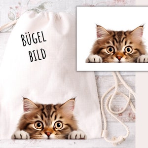 Iron-on patch curious cat, Siberian cat, iron-on patch for cat moms and dads, cat looks over table edge with paws, SKU 5.000.418