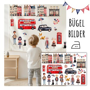 Könnte beinhalten: Ein Set Bügelbilder mit einem roten Doppeldeckerbus, einem schwarzen Auto, einer roten Telefonzelle und verschiedenen anderen London-motivischen Illustrationen. Die Bügelbilder sind auf einem weißen Hintergrund angeordnet, mit dem Text "BÜGEL BILDER" in der oberen rechten Ecke.