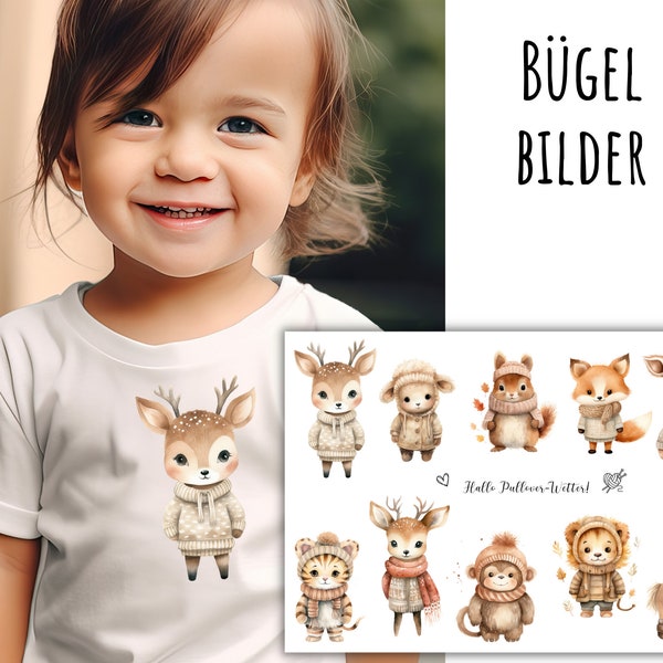 10 Bügelbilder niedliche Tierkinder im Pullover, Reh im Strick-Pulli, Herbst Aufbügler, Aquarell Tiere, süße Winter Tiere, Fuchs