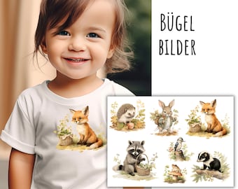 7 iron-on patches of young forest animals, cute baby animals in the forest, animal iron-on patches, watercolor animal babies, raccoon, hedgehog, fox, hare, SKU 5.000.246