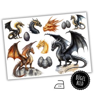 Könnte beinhalten: Bügelbild mit Motiven von Drachen und Dracheneiern. Die Drachen sind schwarz, gold und orange mit Flügeln und Krallen. Die Eier sind grau und haben eine strukturierte Oberfläche. Das Bügelbild ist mit "Bügel Bild" beschriftet.