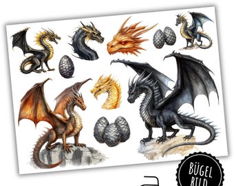 10 iron-on patches with dragons and dragon eggs, black dragon for ironing on