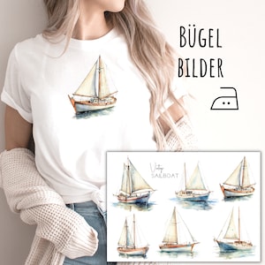 Op de afbeelding: Wit T-shirt met een aquarel zeilboot ontwerp. De afbeelding toont ook een verzameling vintage zeilboot illustraties. Tekst op de afbeelding luidt "BÜGEL BILDER" en "Vintage SAILBOAT".