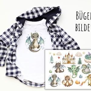 May include: Iron-on patches featuring cute cartoon dragons in various poses, including a dragon sleeping on a cloud, a dragon with a castle, and a dragon breathing fire. The patches are perfect for adding a whimsical touch to clothing, bags, or other fabric items.