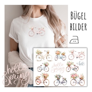 Op de afbeelding: Een set van negen strijktransfers met aquarel illustraties van fietsen met bloemmanden. De ontwerpen bevatten de tekst "hello spring" en "hello".