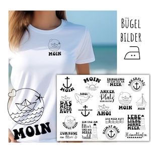 Peut inclure: Un ensemble de 12 transferts thermocollants avec des motifs sur le thème nautique. Les motifs comprennent des ancres, des voiliers, des baleines, des phares et du texte en allemand. Le texte comprend "Moin", "Das Meer ruft", "Heimat am Meer", "Ein Tag am Meer", "Liebe Sonne Meer", et "Heimathafen".
