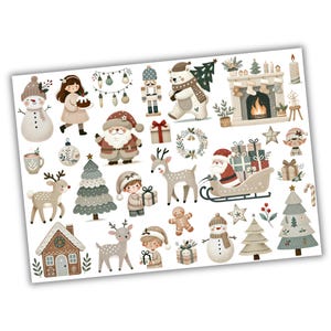 Könnte beinhalten: Ein Bogen mit weihnachtlichen Aufklebern mit verschiedenen Illustrationen. Die Designs umfassen den Weihnachtsmann, Rentiere, Schneemänner, Weihnachtsbäume, Lebkuchenhäuser und Geschenkboxen. Die Farbpalette besteht aus weichen, gedämpften Tönen in Beige, Rot und Grün.