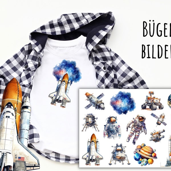 14 Bügelbilder Astronaut, Space Shuttle, Mondfahrzeug, Satellit zum Aufbügeln, Weltraum Forscher, Planeten Aufbügler für Kinder