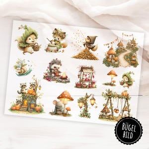 May include: A sheet of whimsical woodland-themed stickers featuring various animals, including a squirrel, fox, hedgehog, and raccoon. The stickers have a watercolour style with warm colours and charming details, such as mushrooms and lanterns.