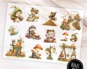 13 Bügelbilder Waldtiere & Herbst | Süße Herbst-Bügelmotive mit Fuchs, Igel, Eichhörnchen, Pilzen  und Blättern zum selber Aufbügeln