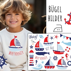 Peut inclure: Patchs thermocollants sur le thème nautique. Les patchs présentent des voiliers rouges, bleus et blancs, des ancres, des mouettes, des étoiles, un phare, une baleine, une bouée de sauvetage, un hippocampe, une pieuvre et les mots "Ahoy!" et "Bon Voyage!" en anglais.