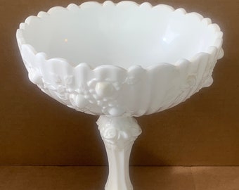 Milkglass pedestal flat fruit bowl farmhouse vintage bowl scalloped
