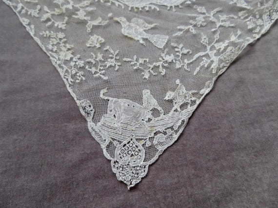 FOUR SEASONS , c1890 Large & Complex Figural Design Duchesse Lace Applique Handkerchief , Flaws