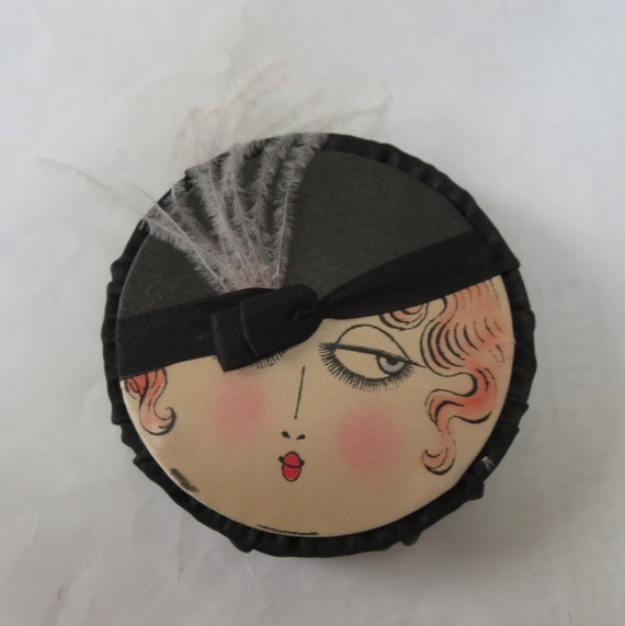 1920s Flapper Face Powder Box , Silk Covered Card… - image 1