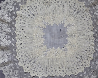 SENSATIONAL Large French Whitework Embroidery Lilac Blossoms  Wedding Handkerchief , Val Lace , MOST INTERESTING Construction , Flaws