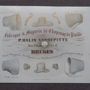 Antique Belgian Trade Card P. Halin Vandepitte  Bruges Straw Hats ( Regency Bonnets , Top Hat etc ) CARTE PORCELAINE
