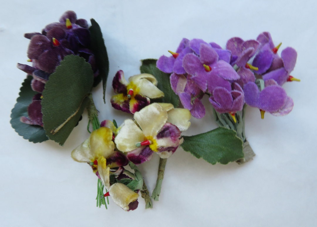 Vintage Velvet Millinery Flowers for Dolls 2 Bunches Violets one