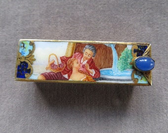 Italian 800 Silver, Goldwashed and w Enameled Romantic Couple Scene Lipstick Holder ( Case ) w Mirror