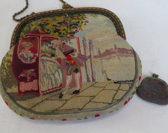 Antique Petit Point 2 Venice Scenes Bag : Aristocratic Couple , Sedan Chair , Grand Canal , Gondola ; Silk Lined , w Little Change Purse