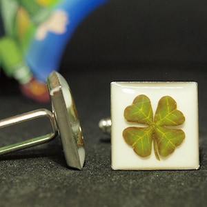 Four leaf clover Irish cufflinks, st patricks day 4 leaf clover jewelry, saint patricks celtic shamrock leprechaun gift, womens cuff links