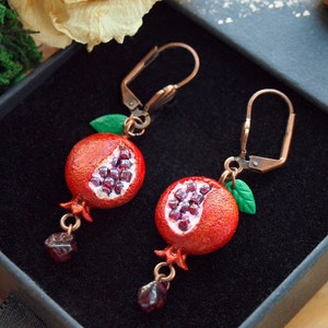 Pomegranate earrings, cute dangle Persephone jewelry, vintage raw garnet gift, witchy jewelry, Hades and Persephone present