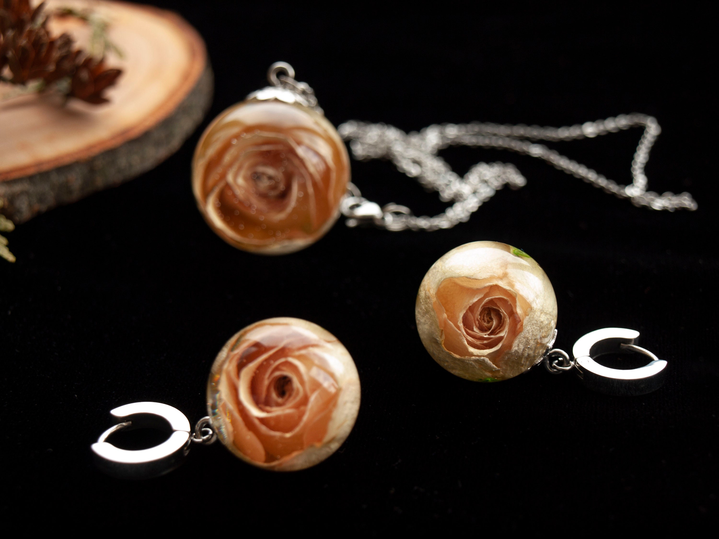Real white rose jewelry set dry rosebud flower pendant rose Etsy