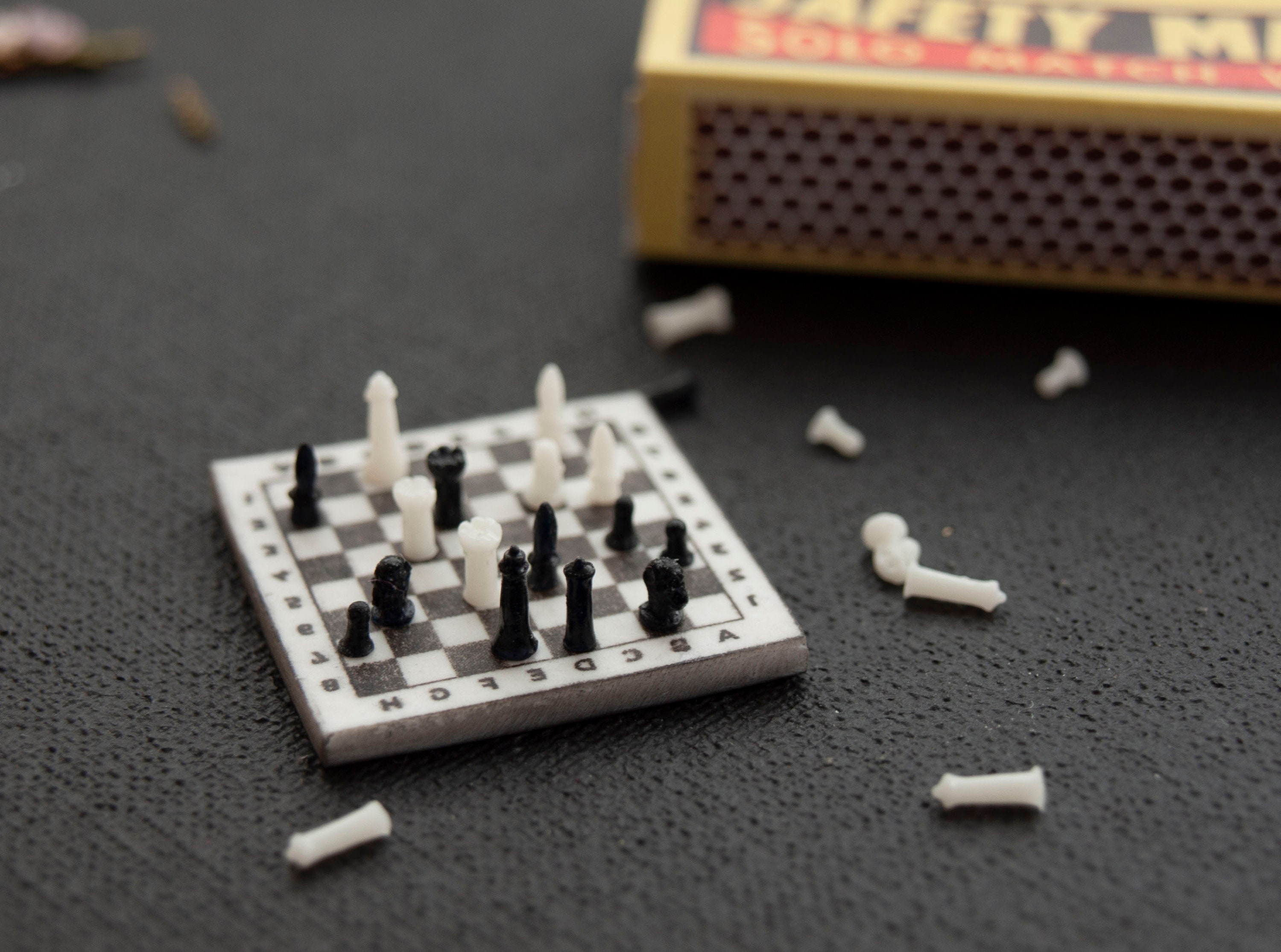 Handmade Miniature Travelling Chess Set Game in Pokerwork Box, Circa 1900