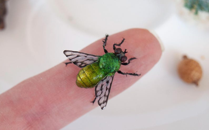 Realistic green fly. Made of the polymerclay and acrylic paint. Lifrlike figurine, Gift for an entomologist