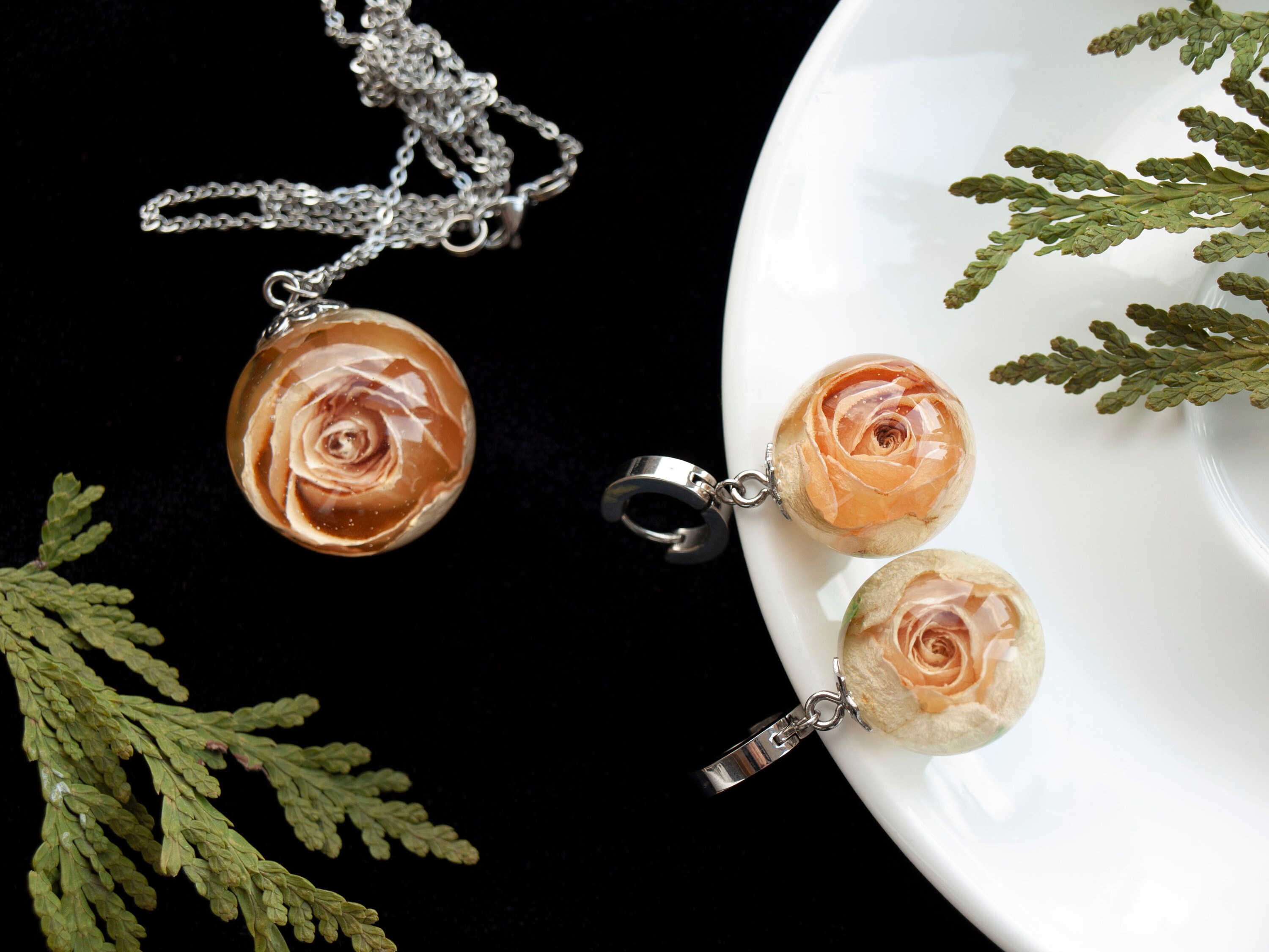 Real white rose jewelry set dry rosebud flower pendant rose Etsy