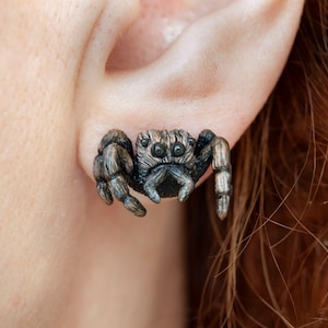 Realistic jumping spider figurine stud earrings, cute arachnid miniature jewelry, entomology fake insect nature lover Witchy gift