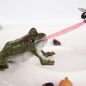 Könnte beinhalten: Eine grüne Froschfigur mit strukturiertem Rücken und weißem Bauch, die eine lange rosa Zunge ausstreckt, um eine kleine schwarze Fliege zu fangen. Der Frosch hat dunkle Augen und detaillierte Schwimmhäute an den Füßen in dynamischer Pose.
