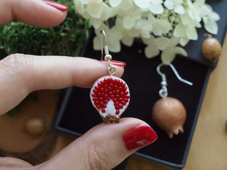 Pomegranate earrings persephone jewelry cute dangle beads judaica gifts from mom to daughter miniature gold fruit Hanukkah gifts