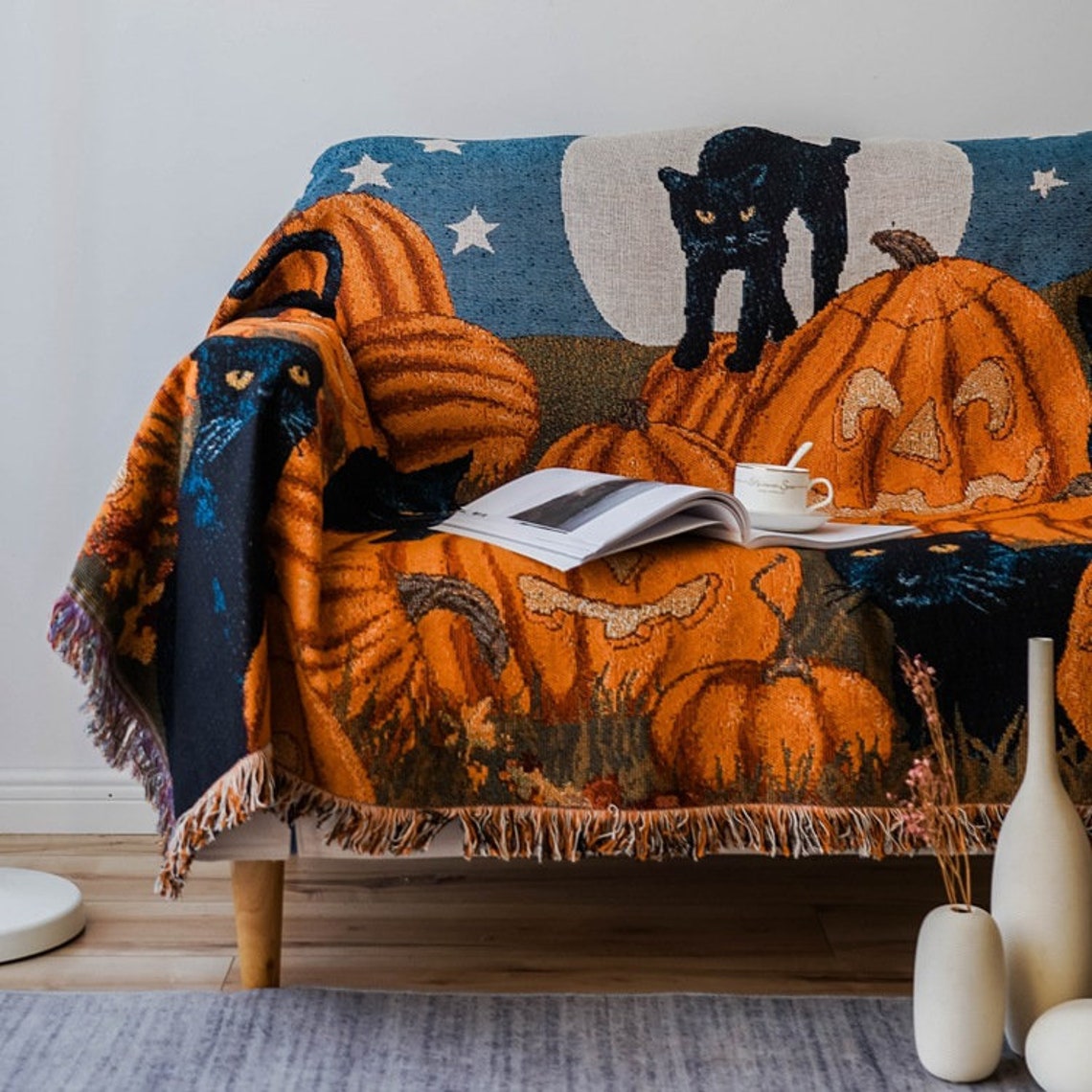 Halloween Blanket Pumpkin Black Cat Furniture Throw Picnic Etsy UK