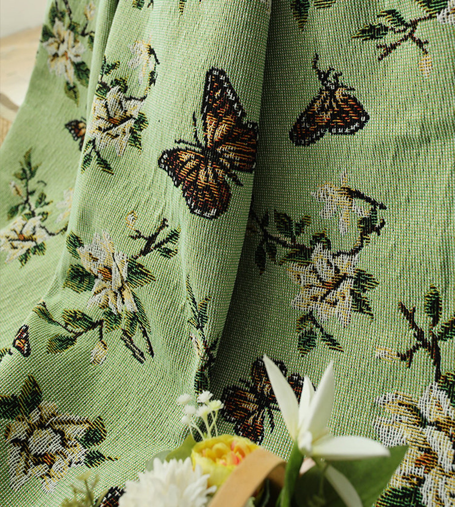 Floral Butterfly Jacquard Blanketgreen Jacquard Blanketwoven Etsy