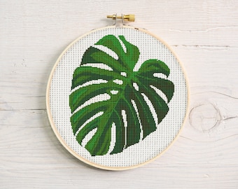 Plant Cross Stitch Pattern - Monstera Deliciosa Leaf House Plant - Botanical Nature Tropical Leaf - Springtime Embroidery Wall Art DIY