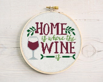 La maison est l’endroit où se trouve le vin Cross Stitch Pattern Téléchargeable PDF Funny Kitchen Decor