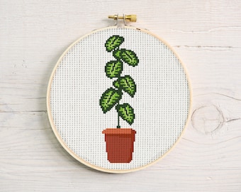 Motif de point de croix plante - Plante d'intérieur en pot - Fleur de feuille tropicale Nature botanique - DIY Broderie Art mural coloré de printemps