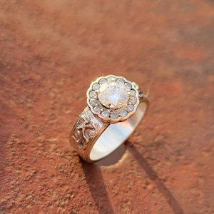 The Brittany: White gold engagement ring with round halo, Beautiful Western Engagement Ring, Unique Cowgirl Engagement ring