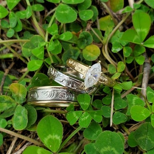 Elaina Set, Wedding Ring Trio: 10K Yellow Gold & White gold ring set, Western Wedding Ring Set, Stackable Engagement Ring Set, Western Rings