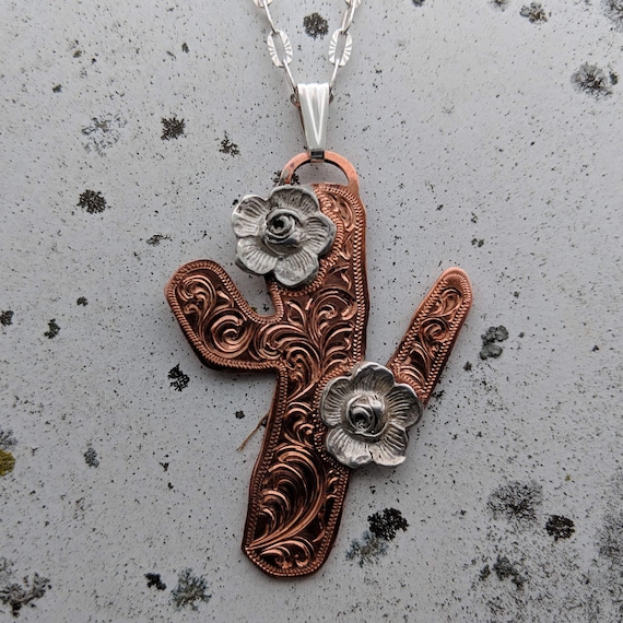 Cactus Engraved Copper Necklace Western Cactus Pendant Succulent Jewelry Gift for Her Design Flowers PND00003 by Loreena Rose Etsy