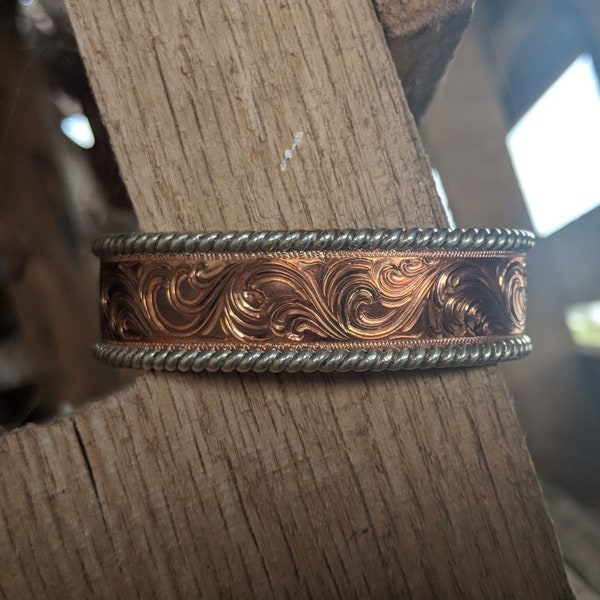 Copper Engraved Western Bracelet, Sterling Silver Rope Edge, Cuff Style, Design BRC00015 by Loreena Rose