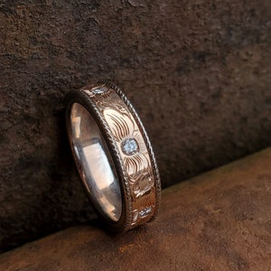 The Magnolia (Sterling Silver sides): 10K Rose Gold and Diamond Wedding Ring, Hand-Engraved Floral Ring, Western Wedding Band, Cowgirl Ring