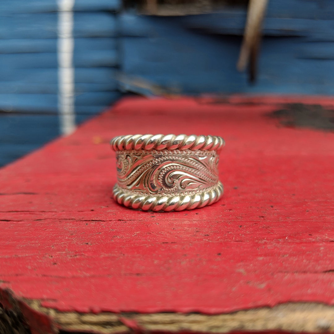 Sterling Silver Engraved Western Ring Tapered Style Gift for Etsy