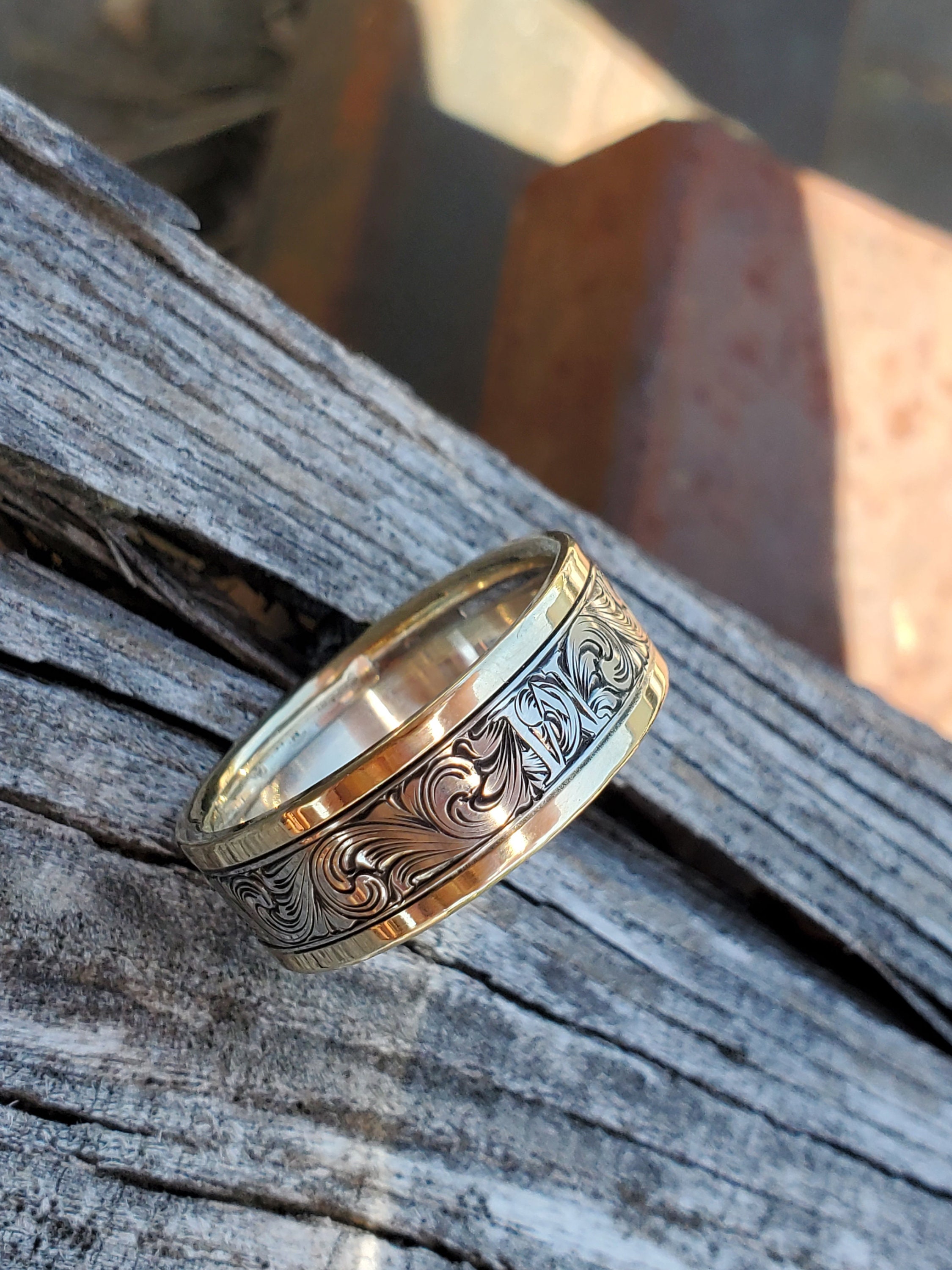 Custom Initial Cowboy Wedding Ring: Hand-engraved 10K Gold Band 