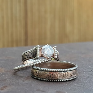 The Lorna Set: Rose Gold & Sterling Silver set, Western Wedding Ring Set, Stackable Engagement Ring Set