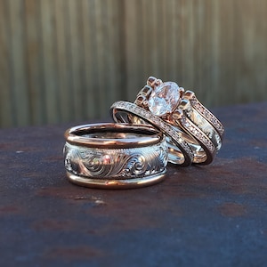 The Graciela Set, Wedding Ring Trio: Rose Gold & White gold ring set, Western Wedding Ring Set, Stackable Engagement Ring Set, Western Rings