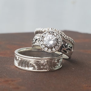 Brittany Set: Western Wedding Ring Set, Sterling Silver Western Ring Set, Men&#39;s and Women&#39;s Wedding Bands, Western Engagement Ring Set