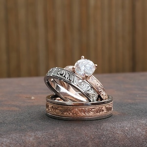 Cora Set- Wedding Ring Trio: 10K Rose Gold & White gold ring set, Western Wedding Ring Set, Stackable Engagement Ring Set, Western Rings