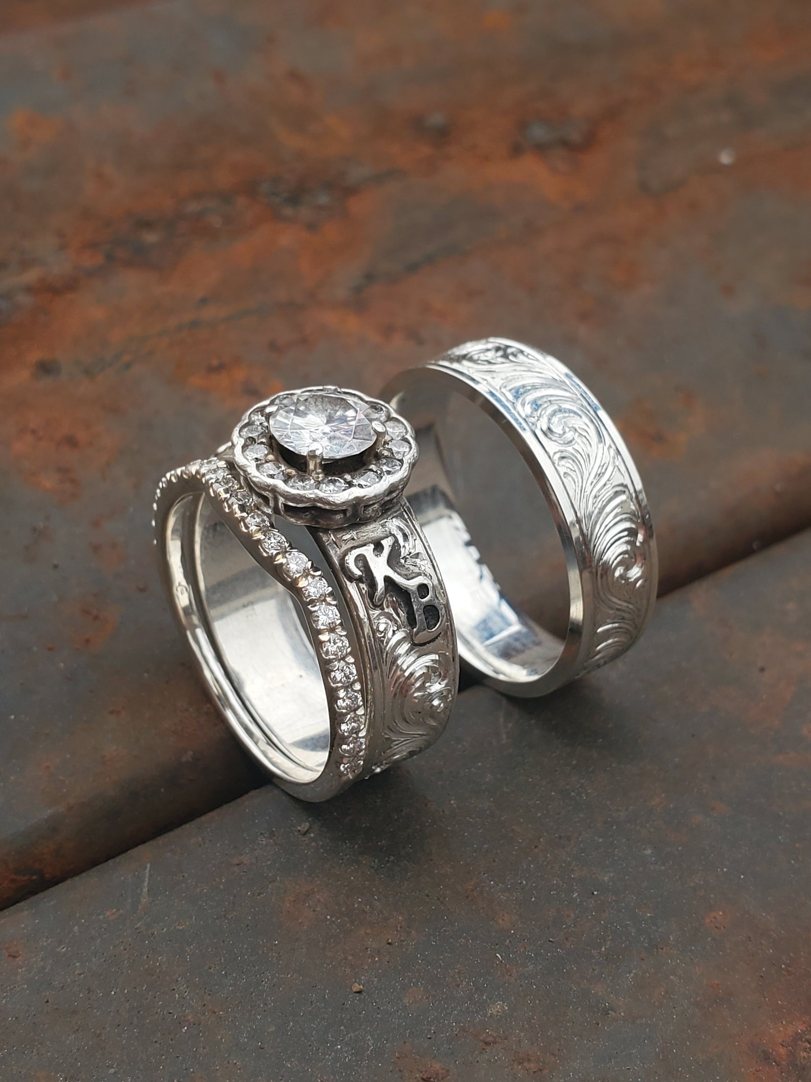 Brittany Set: Western Wedding Ring Set, Sterling Silver Western Ring