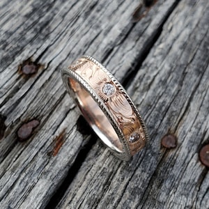 The Magnolia: 10K Rose Gold and Diamond Wedding Ring, Hand-Engraved Floral Ring with Diamond Centers, Flower Wedding Ring, Western Wedding